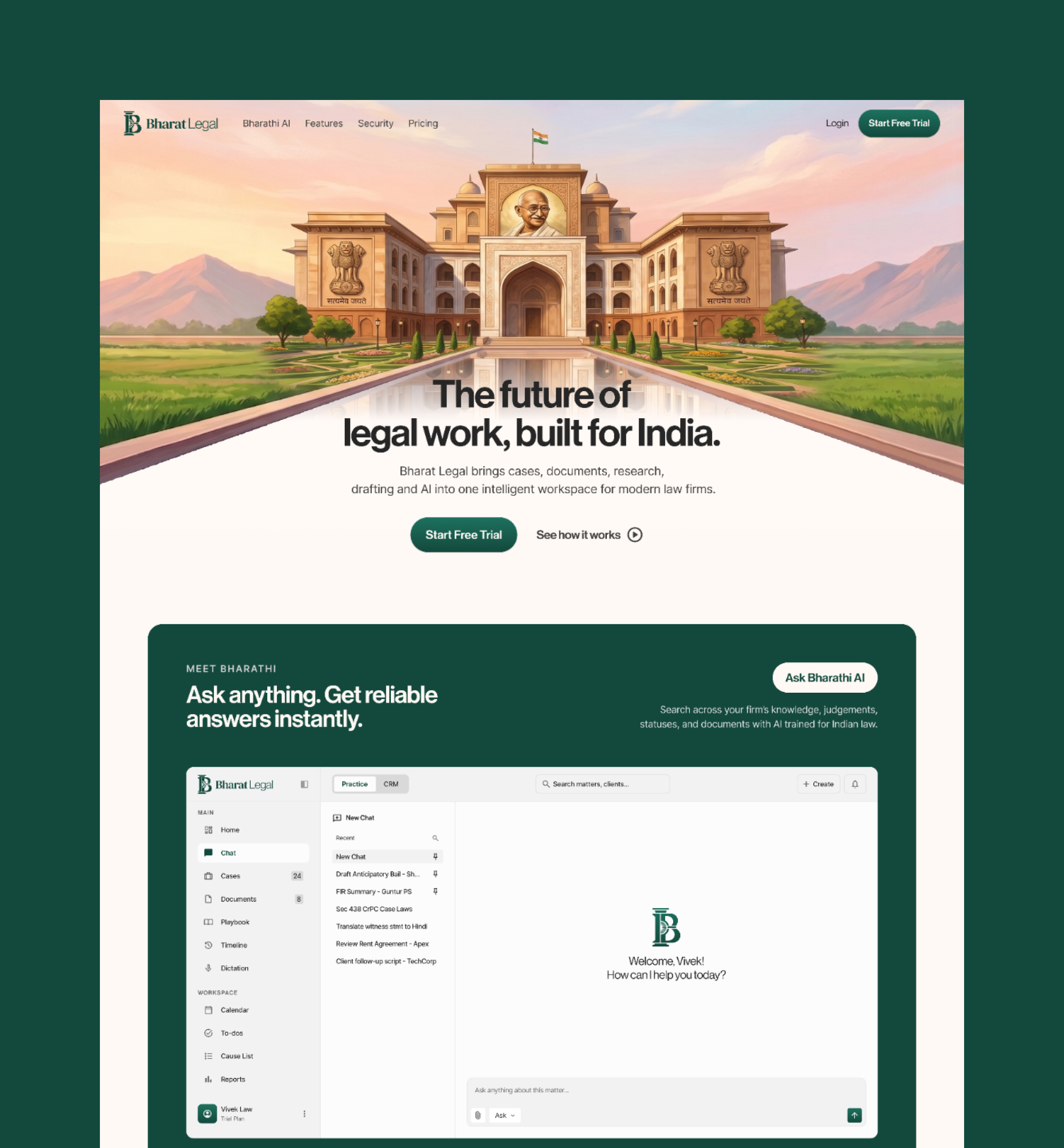 Bharat Legal dashboard and Bharathi AI interface