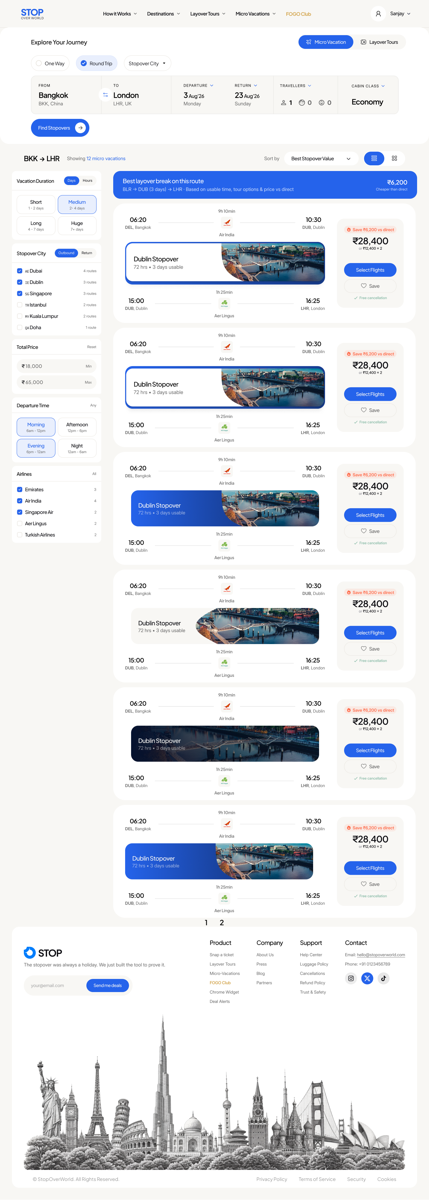 STOP OVER travel platform interface