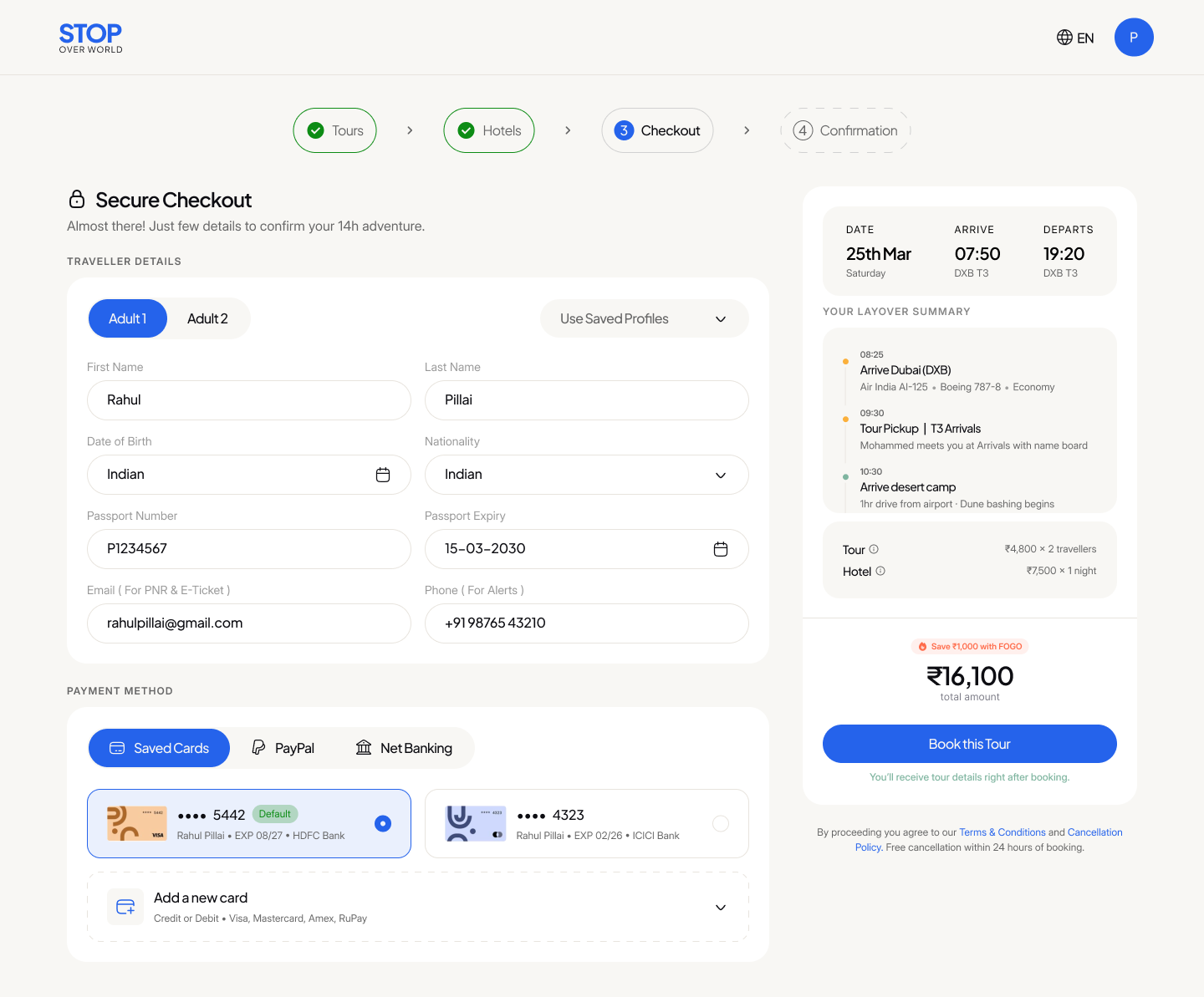 STOP OVER Search and Booking Interface