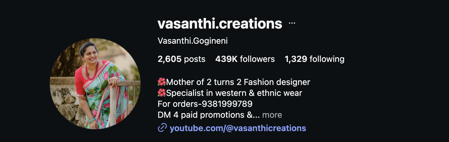 Vasanthi Creations Instagram profile — 439K followers